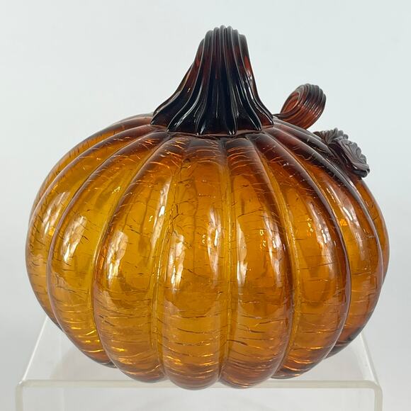 Mouth Blown Amber Art Glass Pumpkin Orange Crackle Curly Stem Handmade Handblown - Picture 4 of 12